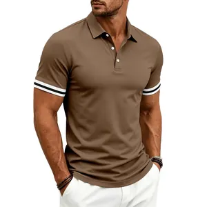 Detailed view of brown men's short sleeve polo shirt with striped cuffs and button lapel.