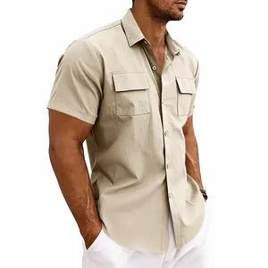 Close-up of men's khaki quick-dry utility shirt featuring dual chest flap pockets