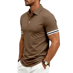 Detailed view of brown men's Polo shirt featuring white double stripes on sleeves