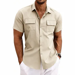 Close-up detail of a men's khaki short sleeve shirt with tactical chest pocket design