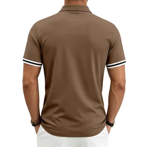 Detailed back view of a brown men's short-sleeved polo shirt with contrast striped cuffs