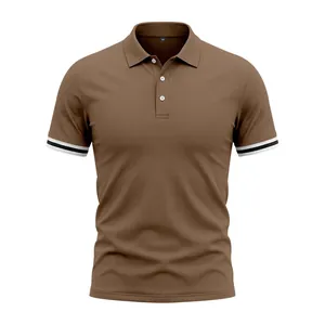 Front view of a brown men's polo shirt with striped cuffs and three-button collar