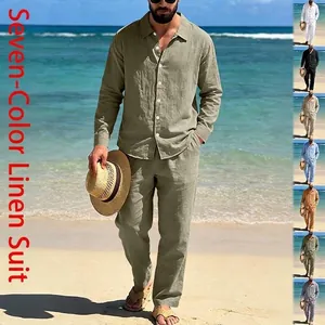 Conjunto de Playa de Mezcla de Lino para Hombre Camisa Abotonada de Manga Larga y Pantalón Recto Traje Casual de Verano