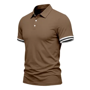 Detailed view of brown polo shirt featuring contrast double striped cuffs and three-button placket