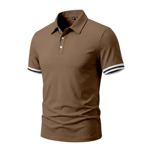 Detailed view of premium brown men's polo shirt featuring stylish striped contrast cuffs
