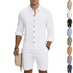 Completo da Uomo in Lino Camicia a Maniche Lunghe e Pantaloncini Cargo Casual Tinta Unita Collo a Revers Bottoni Spiaggia Top And Bottom