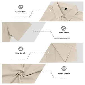Close-up views showing neck, cuff, hem and quick-dry fabric details of beige shirt