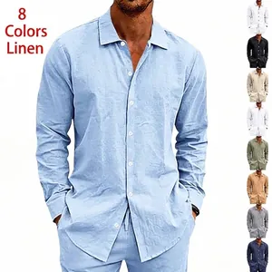 Herren Loose Leinen Polyester Hemd Umlegekragen Langarm Atmungsaktiv Einfarbig Top Für Strandurlaub Casual Wear
