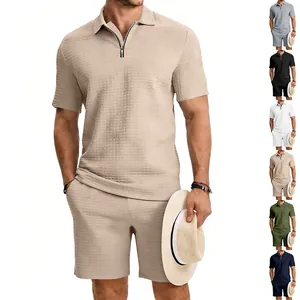 Homme Polo en Maille Gaufrette et Short Top And Bottom Polyester Texturé Summer Casual Sportswear Ensemble