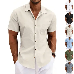 Herren Casual Kurzarm Hemd Revers Holzknöpfe Brusttasche Atmungsaktiv Strand Top Einfarbig Polyester Sommer Kleidung
