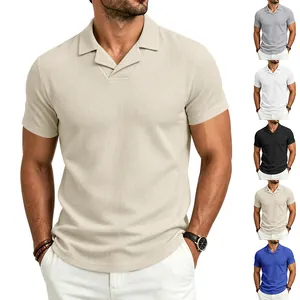 Polo de Hombre Estilo Old Money Textura de Gofre Casual Manga Corta Cuello Cubano Color Sólido Camisa de Punto Moda