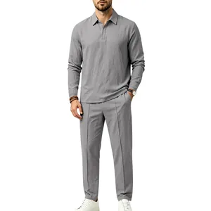 Detail showing the texture of men's grey cotton linen casual long sleeve set with trousers