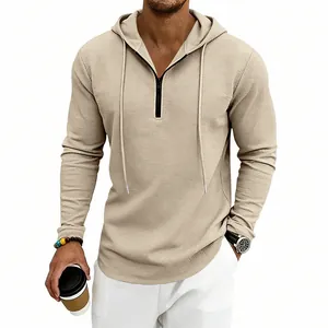 Felpa con cappuccio in maglia a nido d'ape da uomo con mezza zip e coulisse casuale