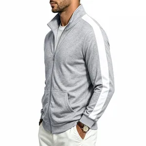 Side view detail of a mens grey full zip stand collar jacket with white sleeve stripe