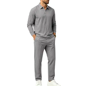 A professional full body shot of the men's grey casual cotton-linen polo and pants
