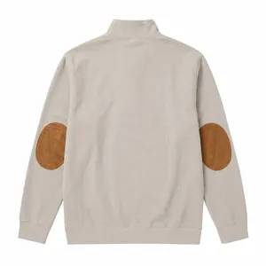Detailed back view of men's ribbed half-zip sweatshirt with stylish brown elbow patches.