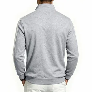Back view of men's grey full-zip sport jacket featuring white contrast side stripes