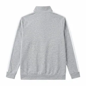 Back view of high-quality gray men's zip-up sports jacket with white side stripes.
