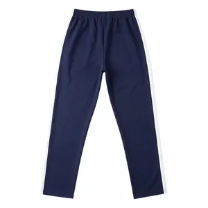 Navy blue men's straight-leg track pants featuring classic white side stripe details.