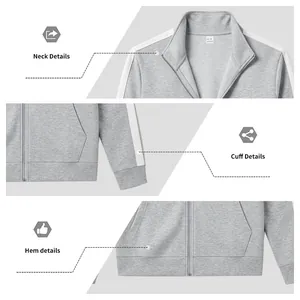 Detail view of a men's grey stand collar tracksuit jacket with contrast side stripes