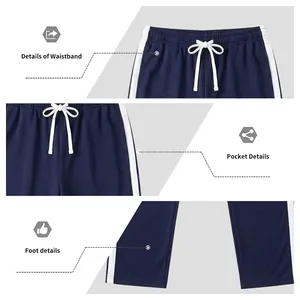 Close-up of waistband, pocket, and cuff details on navy blue striped sweatpants
