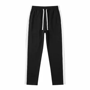 Classic men's black sweatpants featuring white side stripes and adjustable drawstring waist