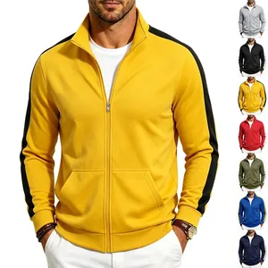 Men Stand Collar Sport Jacket Polyester Color Block Full Zip Casual Outerwear With Pockets For Spring Autumn Sporty Style