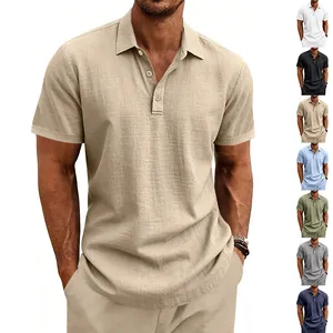 Men Business Casual Linen Polo Shirt Short Sleeve Breathable Solid Color Summer Woven Lapel Top For Men S-XXXL
