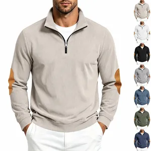 Men Ribbed Quarter Zip Sweatshirt Stand Collar Long Sleeve Pullover With Elbow Patches Casual Solid Color Top