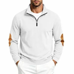 Men's premium white ribbed half-zip pullover sweatshirt with stylish brown elbow patches