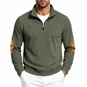 Men's olive green ribbed half-zip sweatshirt with brown elbow patches