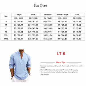 Größentabelle und Detailansicht des Leinen-Langarm-Henley-Shirts für Herren
