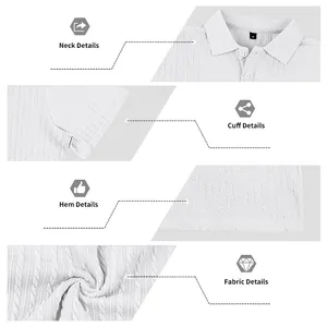 Detailed view of men's white textured polo shirt showing neck, cuff, hem and fabric texture