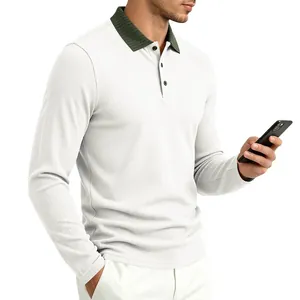 Detail view of men's long-sleeved Polo shirt with green contrast ribbed collar
