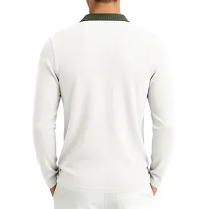 Detailed back view of men's white long-sleeve Polo shirt featuring a green contrast rib collar.
