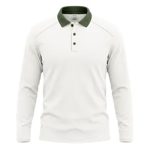 Detail of long-sleeve polo shirt showing contrast olive green ribbed collar and textured fabric.