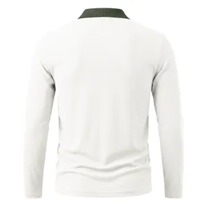 Back view of men's long sleeve polo shirt with green contrast rib collar and texture