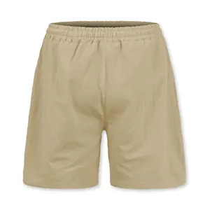 Rear view of khaki men's linen shorts showing elastic waistband and fabric texture