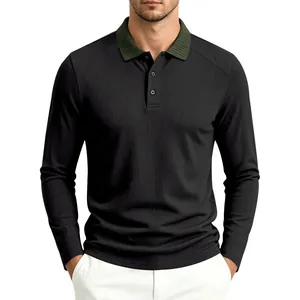 Detail of men's long-sleeve Polo shirt with green ribbed collar and textured fabric