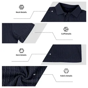 Detailed macro views of navy blue men's polo shirt texture, collar, cuff and hem