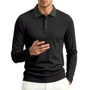 Macro view of textured fabric and contrast ribbed collar on men's long sleeve Polo shirt