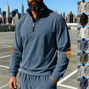 Detailweergave heren corduroy sweatshirt met halve rits in blauwgrijs en elleboogpatches