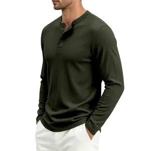 Classic dark olive green waffle knit Henley shirt for men with long sleeves and buttons