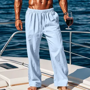 Relaxed fit light blue men's linen drawstring trousers for a summer yacht vacation