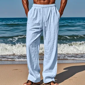 Relaxed fit men's light blue linen trousers perfect for beach and summer travel