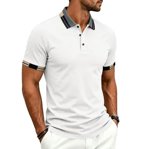Detail view of men's white quick-dry polo shirt with contrast striped collar and cuffs