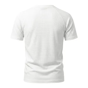 Vue arrière détaillée d'un t-shirt blanc pour hommes en maille gaufrée avec manches raglan.