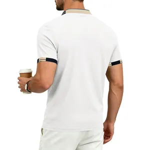 Back view of men's white quick-dry polo shirt with contrast striped trim