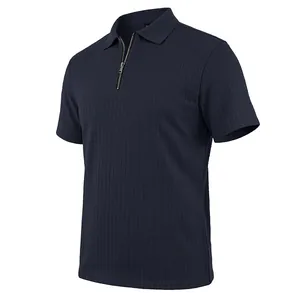 Detail view of men's navy blue polo shirt with zipper and vertical jacquard texture