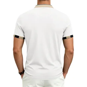 Back view of a white quick-dry men's Polo shirt featuring contrast striped cuffs.